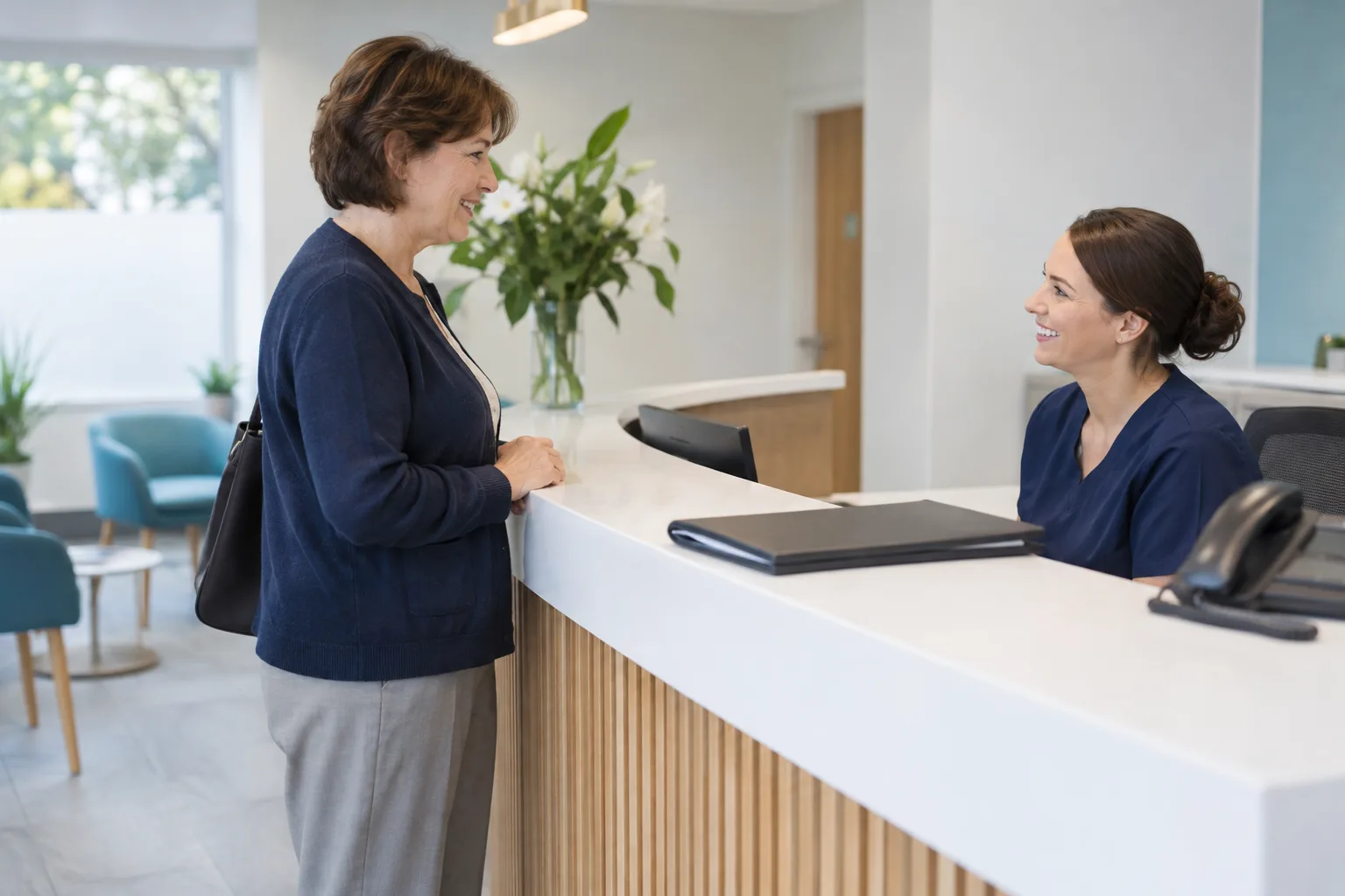 Woman in her fifties speaking to a receptionist at a UK dental practice about NHS dental appointments