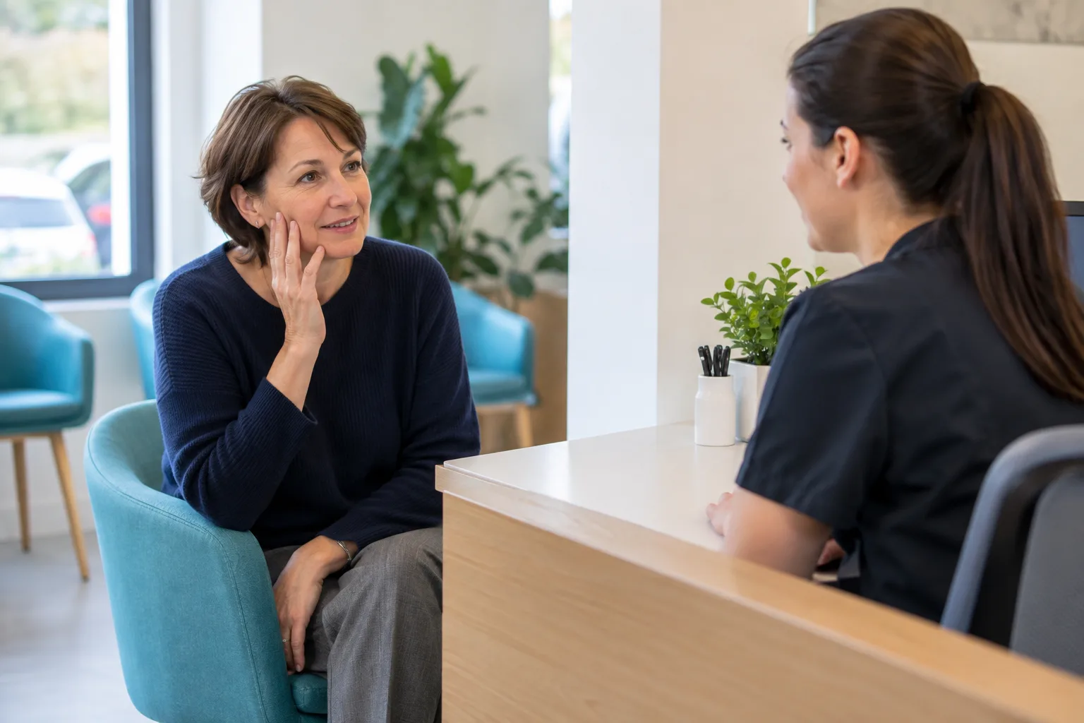 Woman with oral pain resting her hand against her cheek while speaking to a receptionist at a UK dental practice