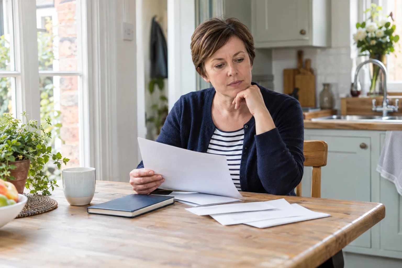 Woman reviewing paperwork about private dental complaints at her kitchen table, with a notebook beside her