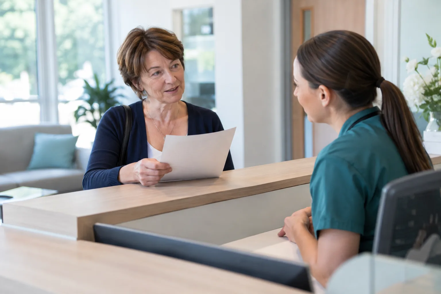 Woman checking paperwork about private dental costs while speaking to a receptionist at a UK dental practice